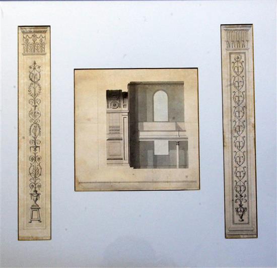 CORRECTION Attributed to James Wyatt (1746-1813) Three architectural designs: two decorative pilasters and a section of a chapel Proven
